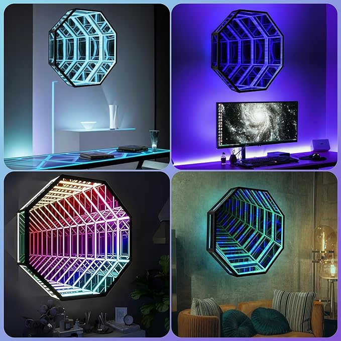 3D Infinity Mirror Light, 28" Octagon LED Tunnel Wall Light with 358 LEDs, App & Remote RGB Color Changing Mirror for Gaming Room Decor, Party, Bar, Geometric Art Deco Wall Mounted
