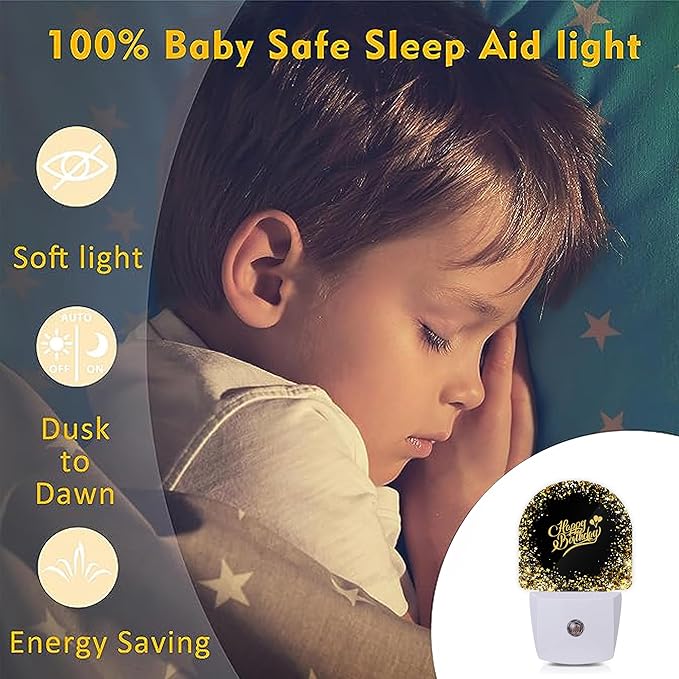 Happy Birthday Night Lights Plug into Wall for Girls Boys Room,Night Light LED Lamp Dusk to Dawn Sensor Round Lamp for Bedroom Bathroom Hallway Home Wall Decor