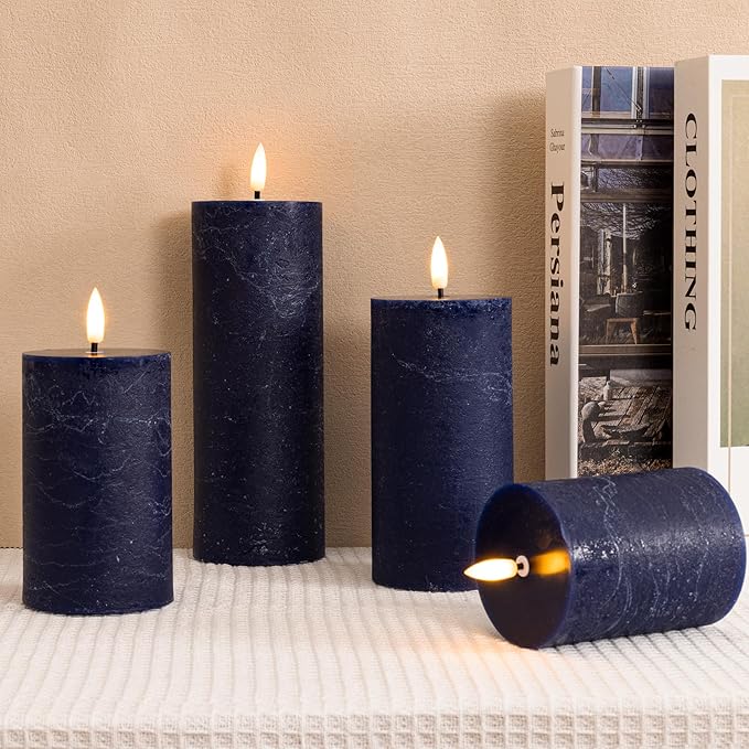 Blue Flameless Pillar Candles, Battery Operated Candles with Remote, Real Wax Flickering LED Candles for Home Party Wedding Holiday Decor, Set of 4, Φ 3" H 4" 5" 6" 8"