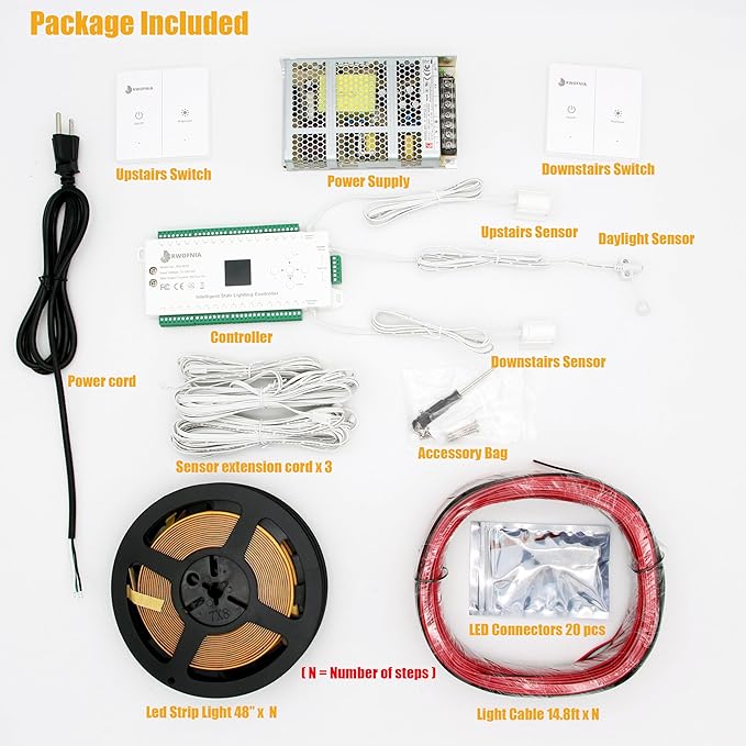 RW-5630 Motion-Activated LED Stair Lighting Kit with Daylight Sensor, 48" Warm White 3000K Cuttable Strip Light for Indoor LED Stair Lights (12 Steps)