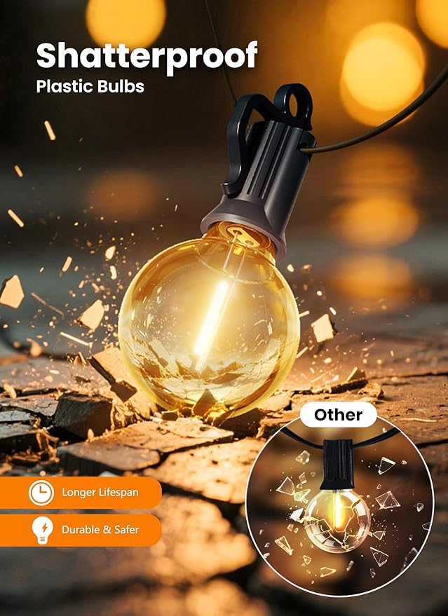 Outdoor String Patio Lights 100FT 50 LED String Lights Waterproof Connectable Shatterproof Hanging Outside Light Backyard Porch Deck Balcony Garden Yard Decor Lighting Edison Bulbs 2200K