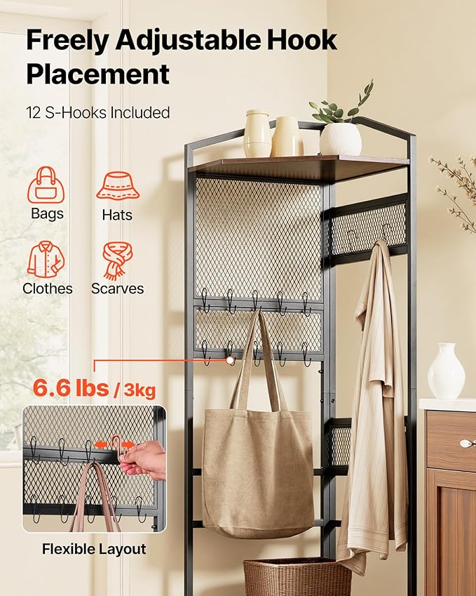 VEVOR Corner Hall Tree, 71.3 in Coat Rack with Hooks, Top Shelf & Steel Frame, Freestanding Clothes Shoes Rack Storage Organizer with Anti-Tip Set, Adjustable Non-Slip Feet for Entrance Closet Office