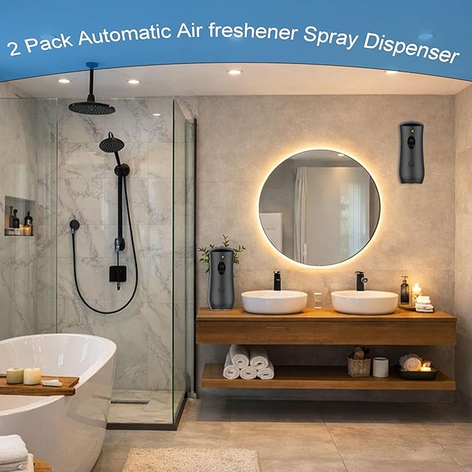 Automatic Air Freshener Spray Dispenser (2-Pack) Wall Mounted or Free Standing, Commercial and Home Use, Multiple Time Scent/Mist Release Settings for Room/Restroom Sprayer (Black1101)