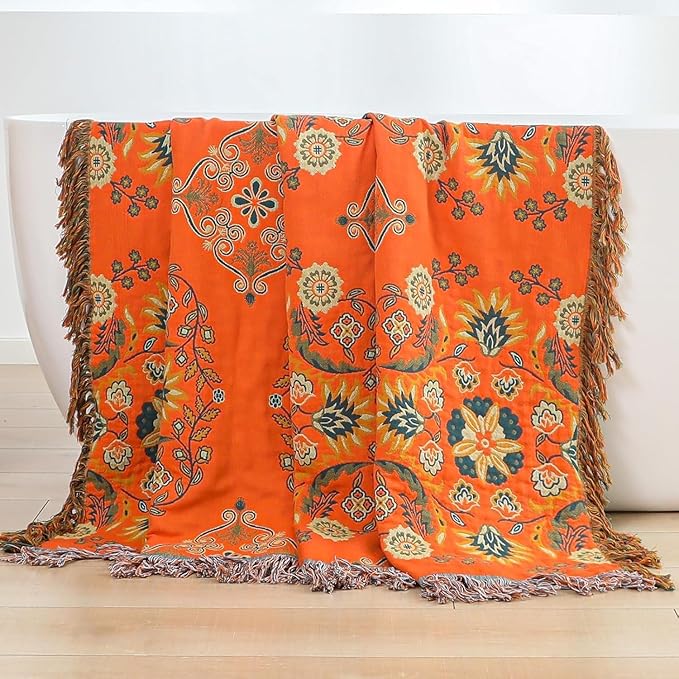King Throw Blanket for Bed Couch,100% Organic Cotton Reversible Soft Quilt, Orange Floral Breathable Lightweight Blankets,90"×108" Extra Large Sofa Throws for 3 4 Seater with Tassels,Teal