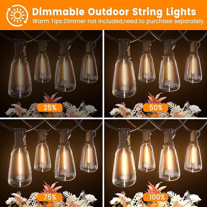 Outdoor String Lights 300ft Waterproof Shatterproof Patio String Lights for Outside with 159 Vintage ST38 LED Bulbs(9 Spare), Dimmable Hanging Lights for Backyard Porch Balcony Party Decor, Warm White