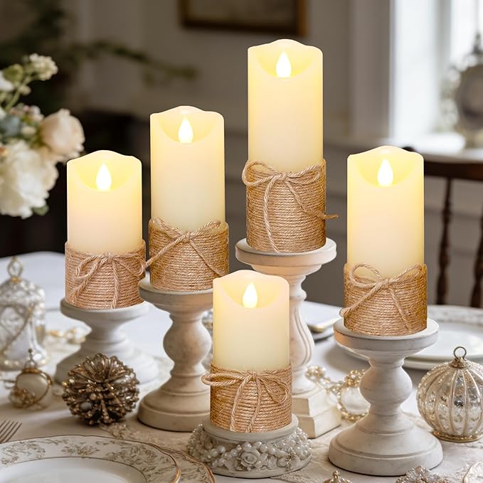 Crystal Club Flameless Candles Flickering with Timer, Set of 5 Battery Pillar Candles with Hemp Rope, Realistic Wax Candle Lights for Summer Party Home Table Décor