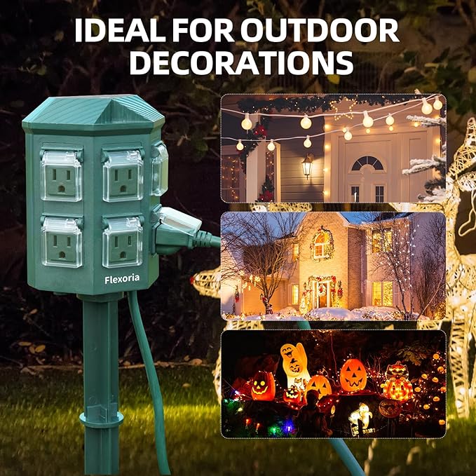 Outdoor Power Strip Timer Waterproof, Dusk to Dawn Light Sensor Countdown, 25 Feet Extension Cord, 6 Grounded Outlets for Graden and Yard Decorations, ETL Listed