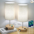 Bedside Table Lamps with 2 USB Charging Ports & AC Outlet, Set of 2 Touch Control Wooden Base Nightstand 3-Way Dimmable Lamps with Beige Fabric Shade for Bedroom, Living Room, A19 E26 Bulbs included