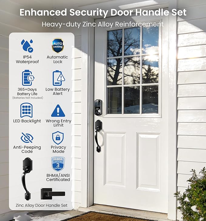 Veise VE07-H Fingerprint Smart Locks for Front Door with Handle Set, App Control, Keyless Entry Keypad Deadbolt, Digital Electronic Touchscreen, Easy Install, Auto Lock, Matte Black