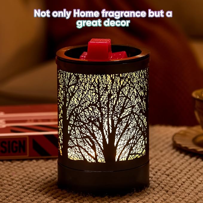 Fragrance Wax Melts Warmer with 7 Colors LED Changing Light Classic Black Forest Design Scent Oil Candle Warmer for Home Black Tree Timer