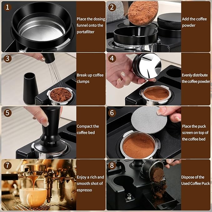 10PCS Espresso Accessories Kit - Espresso Knock Box and Tamping Station,Coffee Tamper,Distributor,WDT,Dosing Funnel,Puck Screen,Brush,Coffee Spoon,Latte Pen,16 Stencils Fits Delonghi 51mm Portafilter