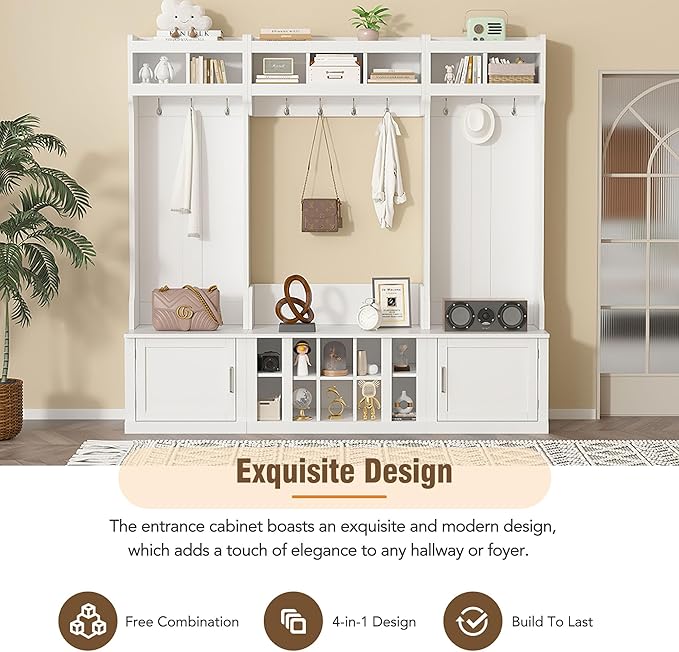 Modern Hall Tree with Storage and Bench, 4-IN-1 Multi-Functional Entryway Bench with Coat Rack and Shoe Cubbies, Practical Furniture for Mudrooms Organization Entryway Living Room (White-65f)