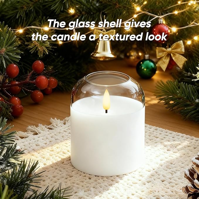 Homemory Glass Flameless Candles, Battery Operated Plliar Candles Realistic Flickering, LED Electric Light with Remote and Timer for Home, Christmas Decoration, White, Set of 3