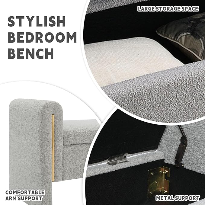Modern 52" Storage Ottoman Bench, Upholstered End of Bed Storage Bench with Armrests, Entryway Bench, Teddy Foot Rest Stool for Living Room Hallway Bedroom (Grey)
