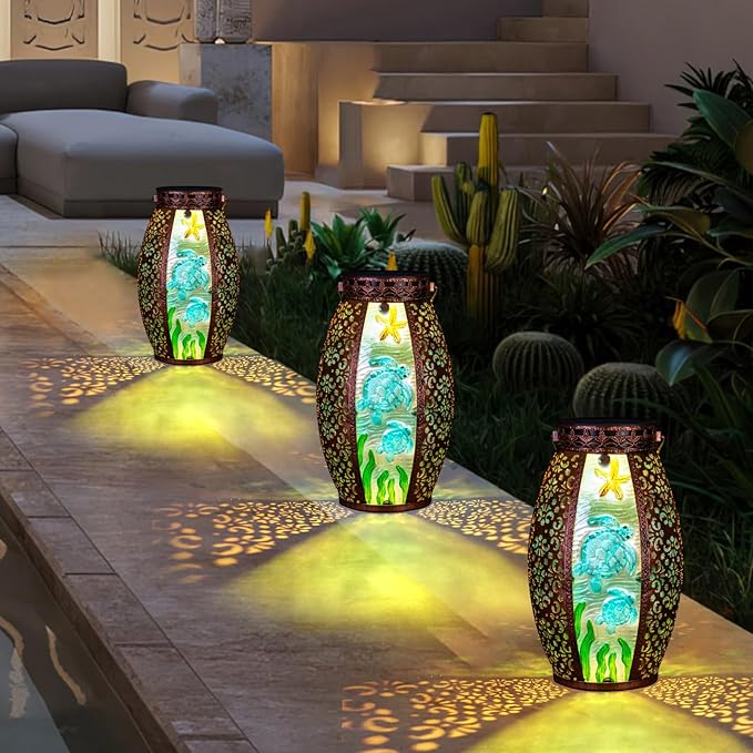 Outdoor Solar Lantern-Waterproof Turtles Hanging Metal Decorative Lights for Patio Table Garden Pathway Yard with Super Bright Warm White LED,Large Solar Panels