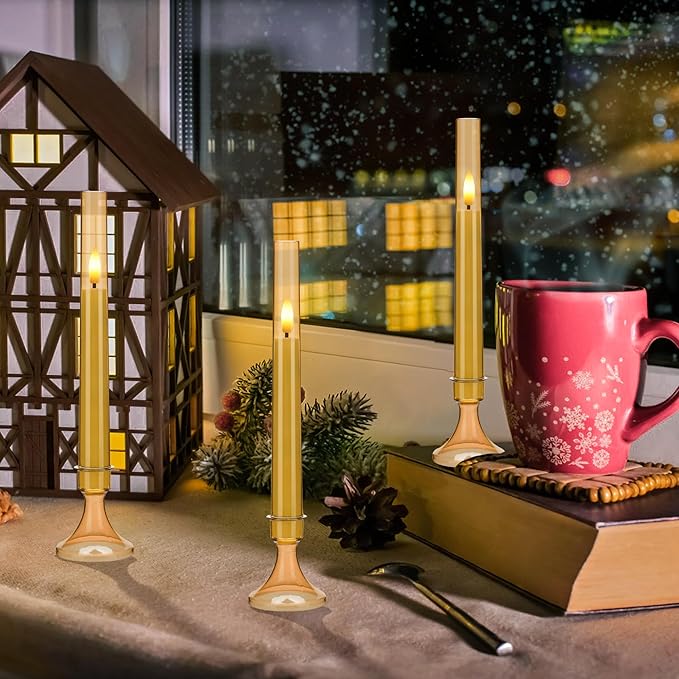 Gold Flameless LED Taper Candles with Remote and Timer, 6 Pack Battery Operated Candles 9.25"x0.75" for Xmas Wedding Decor, 3D Flickering Flameless Candles with Acrylic Candlesticks