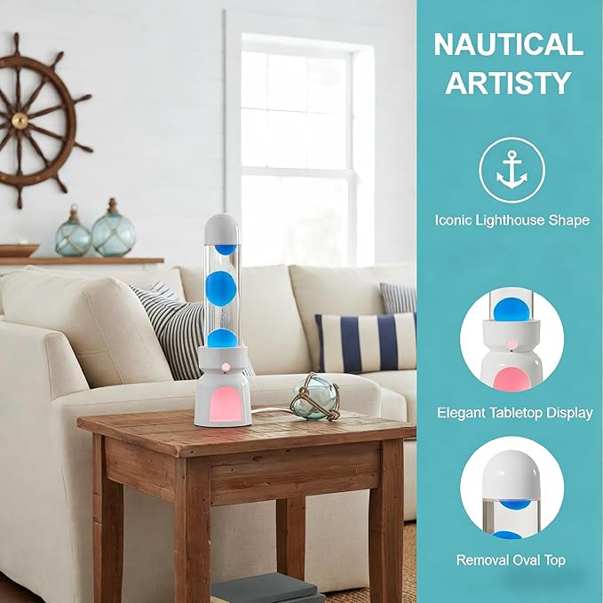 Lighthouse Liquid Motion Lamp, Decorative Night Light with Blue Wax, 13-Color Changing, Safe Flameless Mood Lighting for Gift and Home Decor- White Base