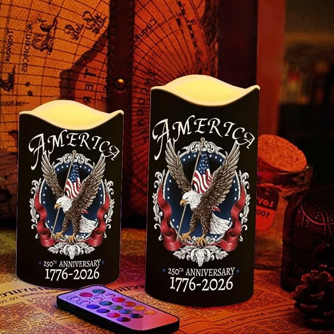 Bald Eagle 250th Anniversary Flameless Candles American Flag LED Candle Battery Operated with Remote Timer Patriotic Flickering Candle for Independence Day Home Outdoor Decor, 4 Pack