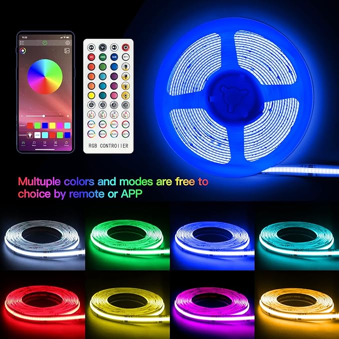 RGB COB Led Strip Kit, 16.4FT Ultra Bright (840LEDs/m) Bluetooth Led Lights with Smart App Control Remote, 24V Music Sync Led Lights, Color Changing Led Strip Lights for Bedroom, Indoor Home Decor