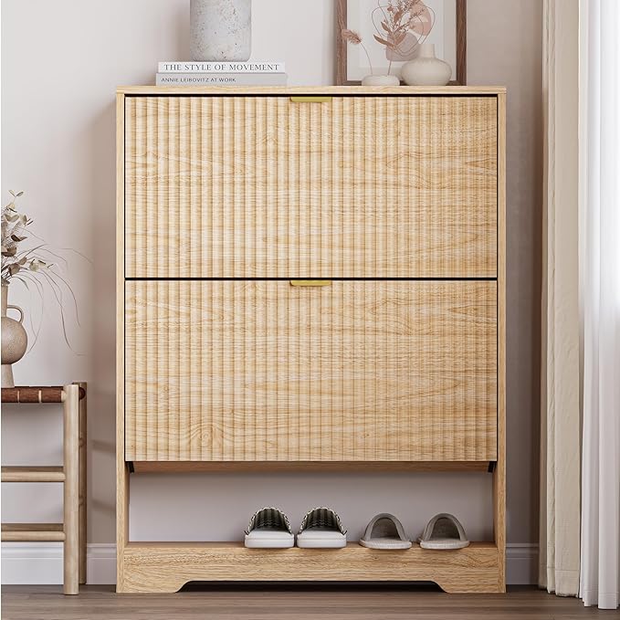 Shoe Cabinet with 2 Flip Drawers, Fluted Shoe Storage Cabinet with Adjustable Shelves, Freestanding Rack and Organizer for Entryway, Hallway
