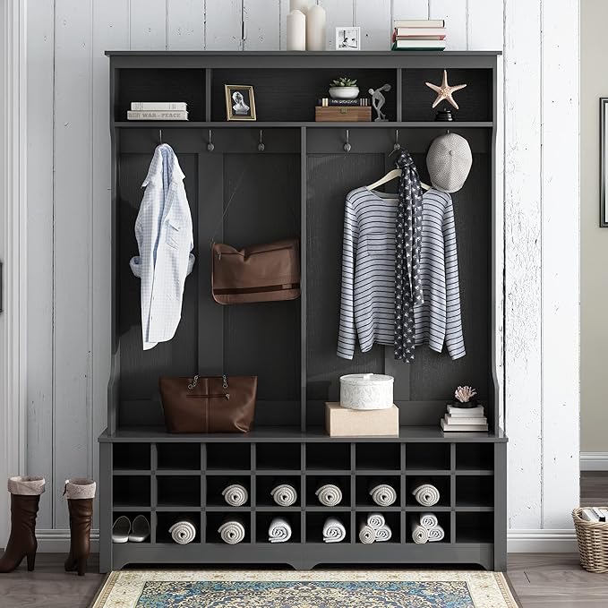 Wide Hallway Coat Rack Hall Tree with Shoe Storage Rack, 24 Cubes 6 Hooks and 3 Top Shelves, Large Storage Bench for Entrance, Enterway (Black)