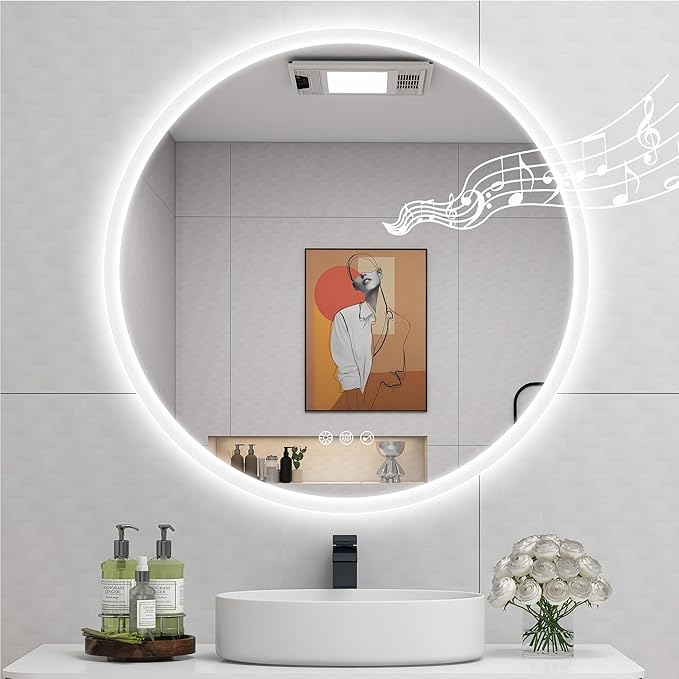 STARLEAD 28" Round LED Bathroom Mirror with Bluetooth Speaker, Dimmable Lighting, 3 Color Modes, Anti-Fog, Touch Control Wall Mounted Vanity Mirror
