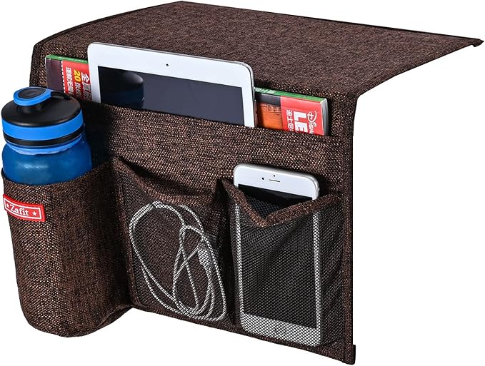 Linen 4 Pockets Bedside Caddy, Bedside Storage Organizer for Magazine, Remotes, Phone (Coffee)