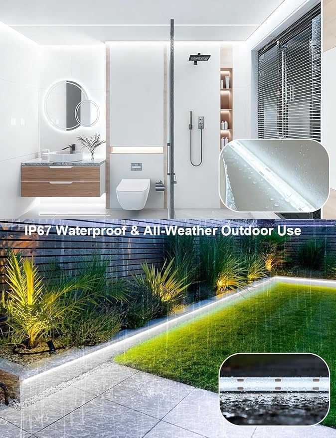 20FT/6M COB LED Strip Lights, Waterproof Outdoor&Indoor 6500K Cool White Flexible 24V Remote & App Control, Led Tap Lighting For Room, Garden, Patio, Kitchen, Bedroom, Under Cabinet Decoration