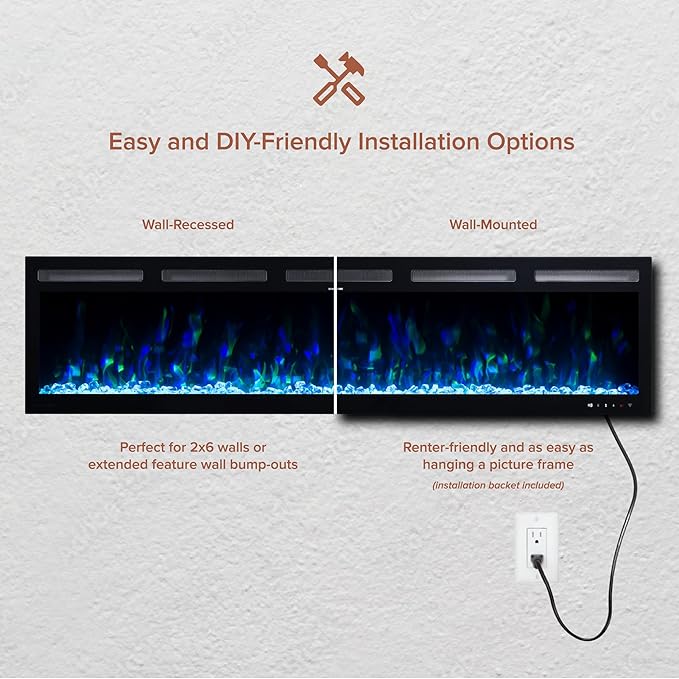 Modern Ember Vibrance 50 Inch Smart Linear Electric Fireplace Insert - Recessed or Wall-Mount, LED Multi-Flame Colors, Alexa/WiFi Enabled - Remote Included - Crystals