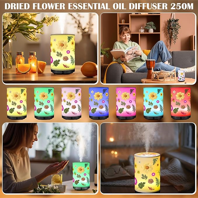 Essential Oil Diffuser Flower Humidifiers Lamp, 250ml 7-Color LED Aromatherapy Diffuser with 3 Mist Modes Auto-Off Floral Night Light Gift for Women Mom Home Office Desk Decor
