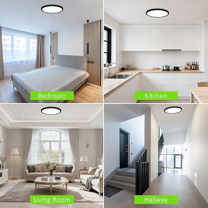 4 Pack LED Flush Mount Ceiling Light, 24W Ultra Thin Round White Lamp 3000K/4000K/6500K 3 Color Temperatures Adjusted 12 Inch Modern Ceiling Lights, Black, Wired
