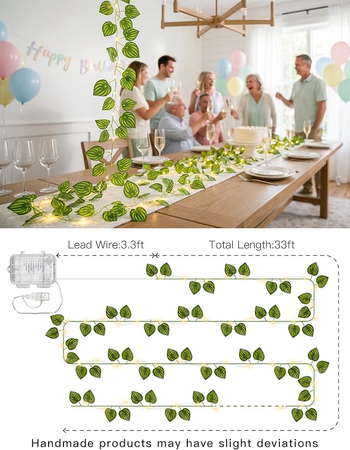 suddus Vines with Fairy Lights Battery & USB Powered Operated, 33ft 100 LED Watermelon Leaves String Lights with Remote, Artificial Plants for Indoor, Bedroom, Wedding, Wall, Party Decor(Warm White)