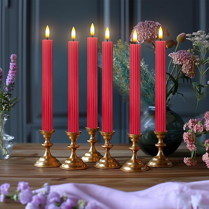 WYZworks 10" Fluted Ribbed LED Red Grooved Pillar Candles, Remote & 24h Timer Memory, On/Off Switch - Flameless Dimmable Battery Operated w/Flicker Mode, Home Wedding Decor (6 Pack)