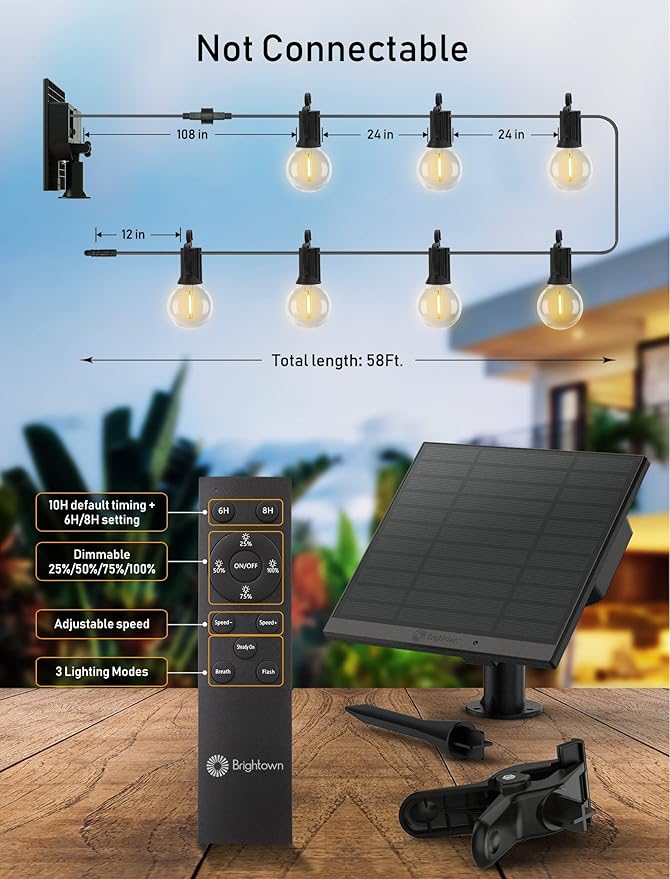 116FT Solar Lights Outdoor Waterproof with Remote, G40 Patio Lights with 50+2 LED Shatterproof Bulbs, 3 Lighting Modes, with Cable Ties, Hooks Hanging Lights for Backyard Party Decor, 2 Pack 58FT