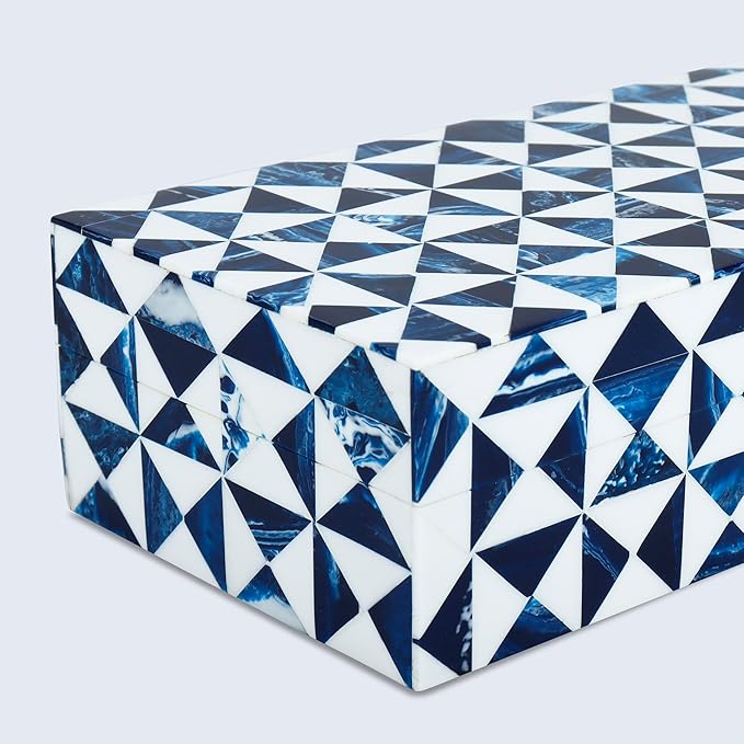 Handicrafts Home Blue and White Decorative Storage Box with Lid– Coffee Table Storage Box, Handmade Resin Inlay Wooden Box, Remote Control Holder, Decorative Organizer, Jewelry & Keepsake-10x4.5x2.5