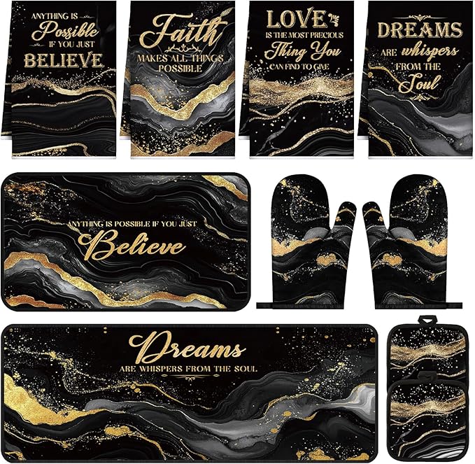 Fourluoo 10 Pcs Kitchen Dish Towels Rugs Oven Mitts and Pot Holders Kit Farmhouse Kitchen Decor Set Gloves Vintage Potholders for Baking Cooking Chef(Black,Elegant)