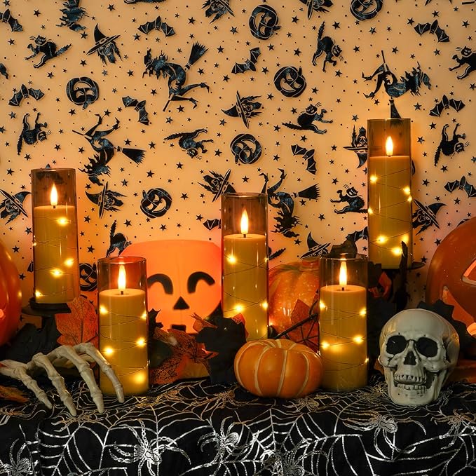Homemory Flameless Candles with Star String Fairy Lights, Battery Operated Candles, LED Candle, Fake Candles with Remote Control and Timer, Modern Home Decor, Grey, Set of 5