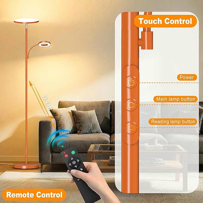 Orange Floor Lamp, 42W 4000LM Super Bright LED Lamp with Reading Light for Living Room Bedroom Office, Touch Control, Dimmable Standing Lamp with Remote