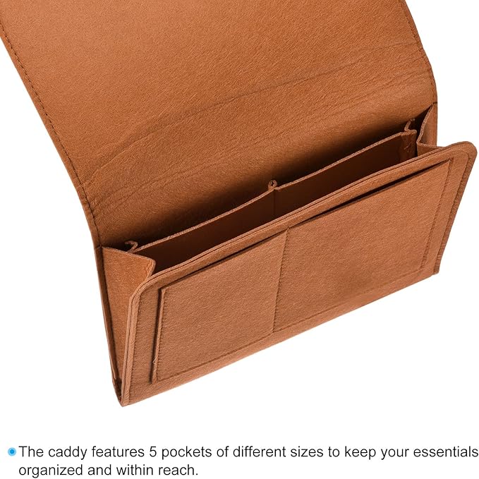 PATIKIL 11in Bedside Caddy, Bed Caddy Bedside Organizer Hanging 5 Pocket Soft Felt Bed Pockets Bedside Storage Organizer Remote Control Holder for Bedroom Phones Glasses, Brown