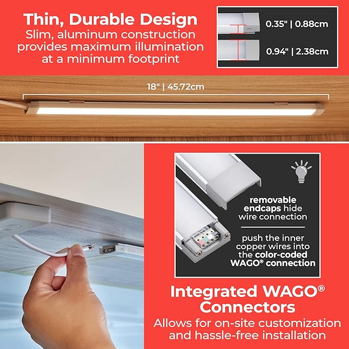 PureOptics LED Professional Push Wire® Under Cabinet Light Bar, Add-on, Plug-in or Hardwire Compatible, Adjustable White and RGB LED, for Kitchen, Utility Light, Closets, Garage, Pantry, (1) 18" Bar