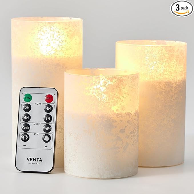 VENTA Frosted Glass LED Candles, Set of 3 | Warm Amber Flickering Pillar Candles with Remote | Creates Cozy, Relaxing Hygge Ambiance for Bedroom & Living Room