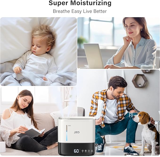 JRD Humidifiers for Bedroom, Ultrasonic Humidifier 4L for Large Room, Cool Mist Top-Fill, 40H Run, 12H Timer, 360° Nozzle, Aroma Diffuser, 7-Color Night Light for Home, Office, Baby(White)