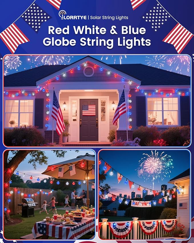 2-Pack Red White and Blue Crystal Globe Solar String Lights Outdoor, 64FT 100 LED Waterproof 4th of July Decorations, Solar Patriotic Lights 8 Lighting Modes for Memorial Day Independence Day Yard