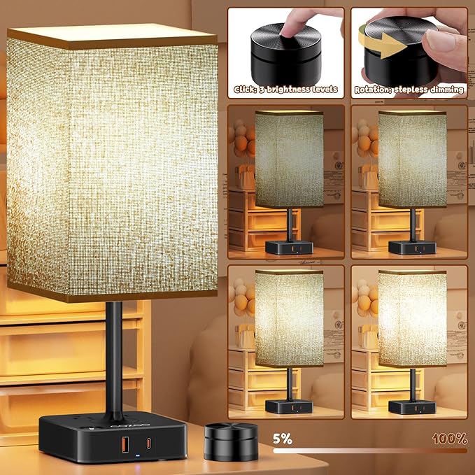 cozoo Bedroom Table Lamp with Remote Operation Control,Dimmable Bedside Table Desk Lamps with USB C+A Charging Ports 2 AC Outlets (Brown + Remote)