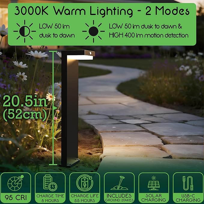 Solar Pathway Lights - Walkway Solar Lights for Outside - PIR Sensor & Two Lighting Modes - Rechargeable Battery Lasts Up To 55 Hours - 3000K - IP44 Weather Resistant - 2 Pack - 20.5" Height
