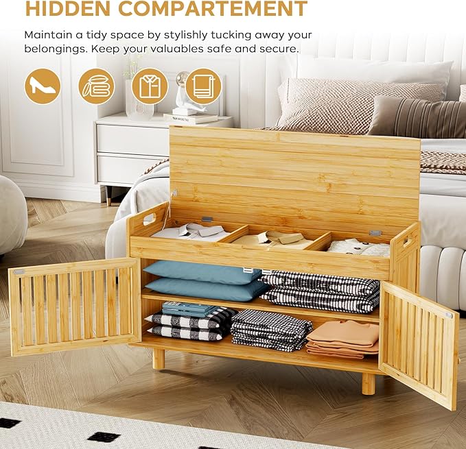 35.4in Shoe Storage Bench, Bamboo Entryway Bench with Lift Top Storage & Padded Seat Cushion, 2-Tier Shoe Rack Cabinet with 2 Doors for Entryway, Living Room, Bedroom, Mudroom, Natural
