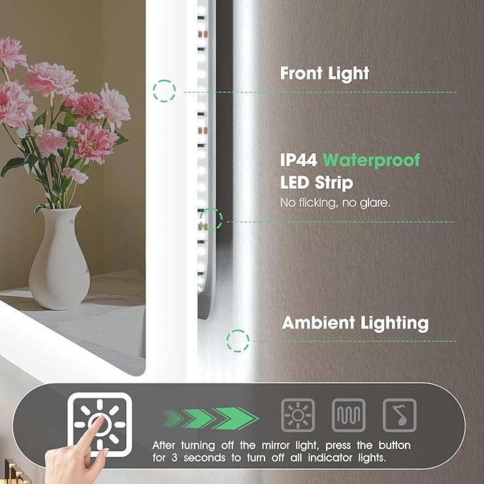 S'bagno 36"x28" LED Bathroom Mirror with Bluetooth Speaker, Anti-Fog & Waterproof, Dimmable Wall Mirror with Touch Control, 3 Light Colors, Vertical or Horizontal