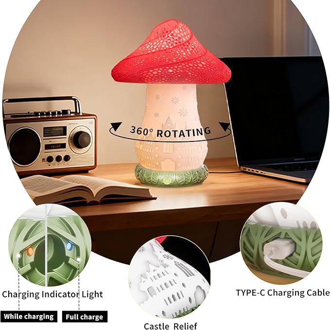 Cordless Mushroom Lamp - Rechargeable Touch Lamp for Nightstand, 3 Color Temperature Bedside Lamp with Rotating Castle Shade, Battery Operated Small Lamp for Bedroom, Nursery, Kids Room