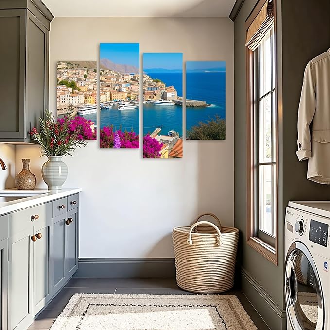 Canvas Wall Art Prints Pictures Symi town cityscape Dodecanese islands Greece Framed Posters Modern Wall Painting Artwork Gift Home Decor for Living Room Ready to Hang 4 Panel
