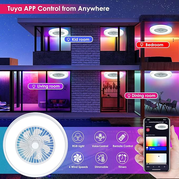 24" Bladeless Ceiling Fan with RGB Light Remote, Smart LED Ceiling Fans with Voice/App Control, Modern Low Profile Dimmable Light Ceiling Fan for Bedroom Living Room